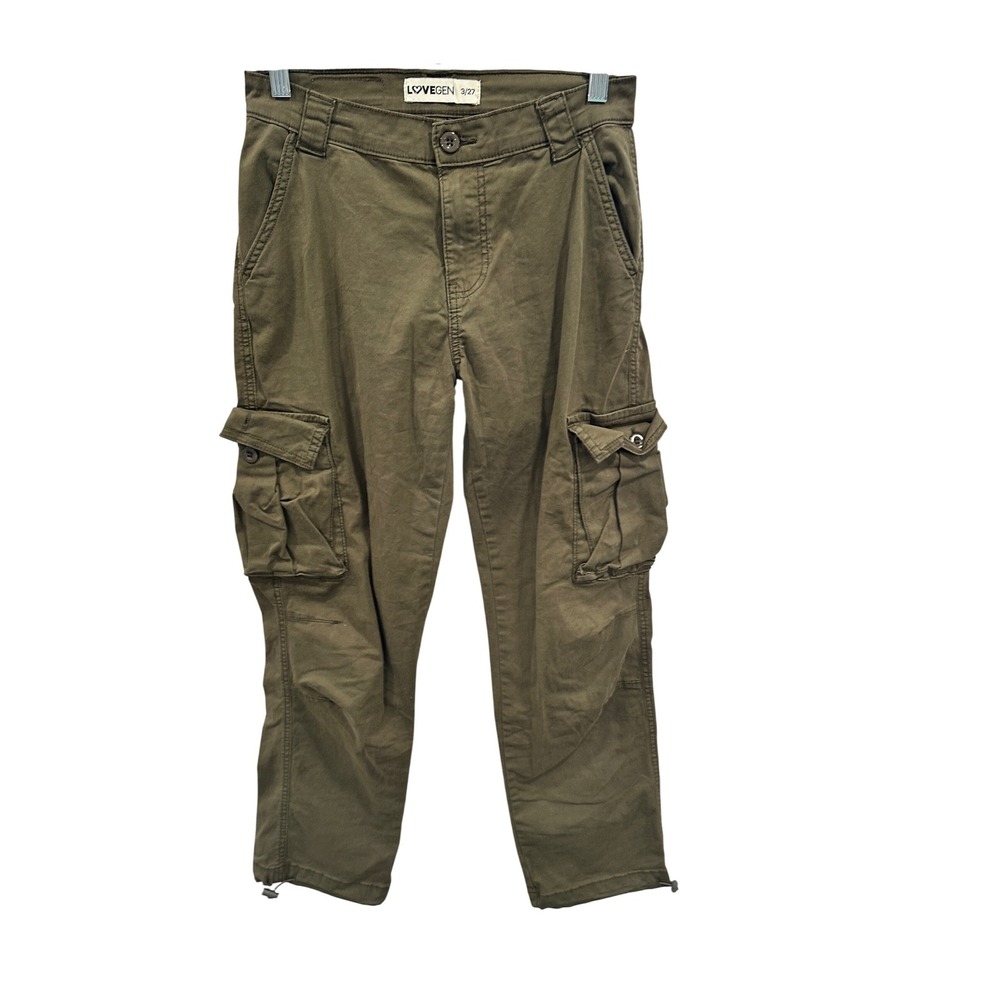 LOVEGEN Cargo Pants Women Olive Green Utility Pockets Drawstring Ankle Size 3 27